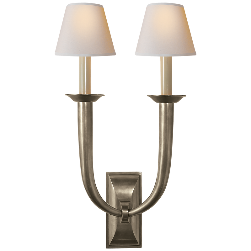 French Deco Horn Double Sconce in Various Colors with Natural Paper Shades