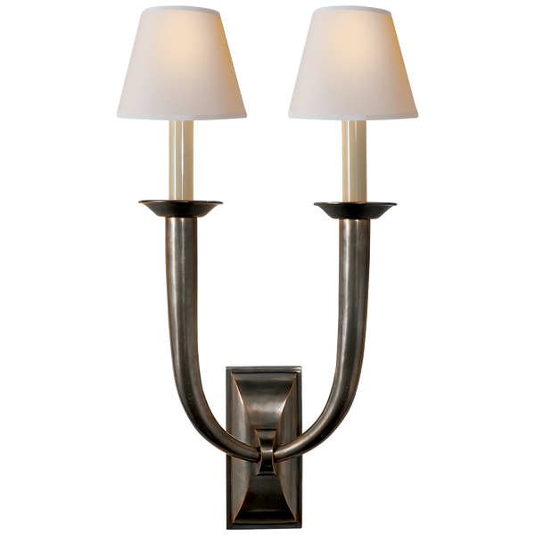 French Deco Horn Double Sconce in Various Colors with Natural Paper Shades