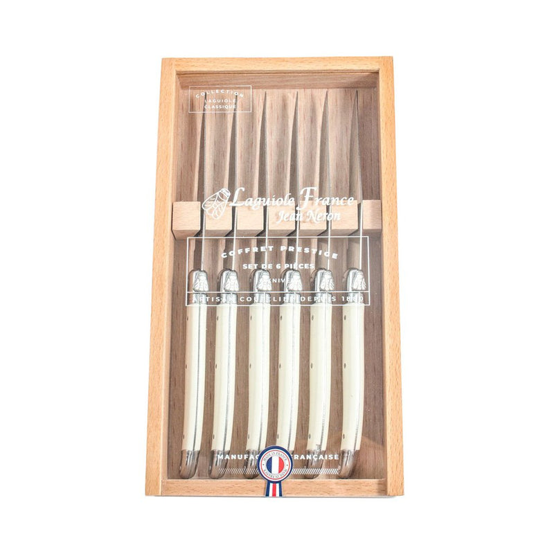 laguiole ivory knives in wooden box with acrylic lid set of 6 1