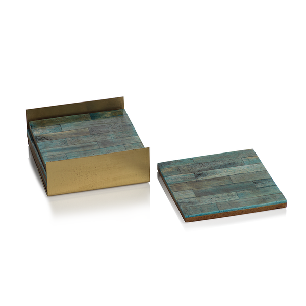 Coaster Set on Metal Tray in Green and Gold by Panorama City