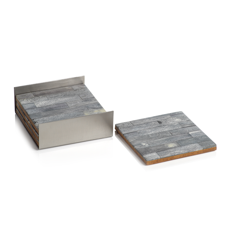 Coasters on Metal Tray (Set of 4) in Gray and Silver by Panorama Ci