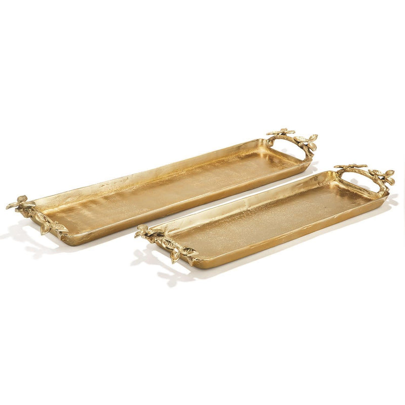 Gold Decorative Trays with Leaf Detail Handles, Set of 2