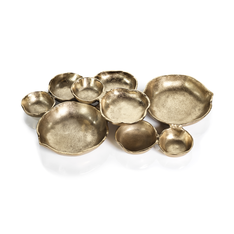 Cluster of Nine Round Serving Bowls in Dark Gold