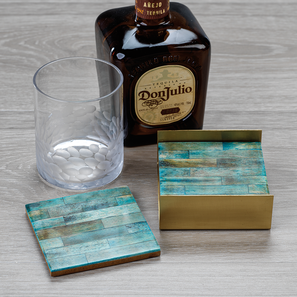 Coaster Set on Metal Tray in Green and Gold
