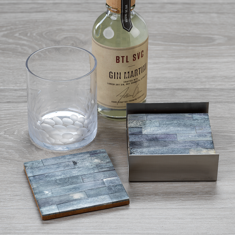 Coaster Set on Metal Tray in Grey and Silver