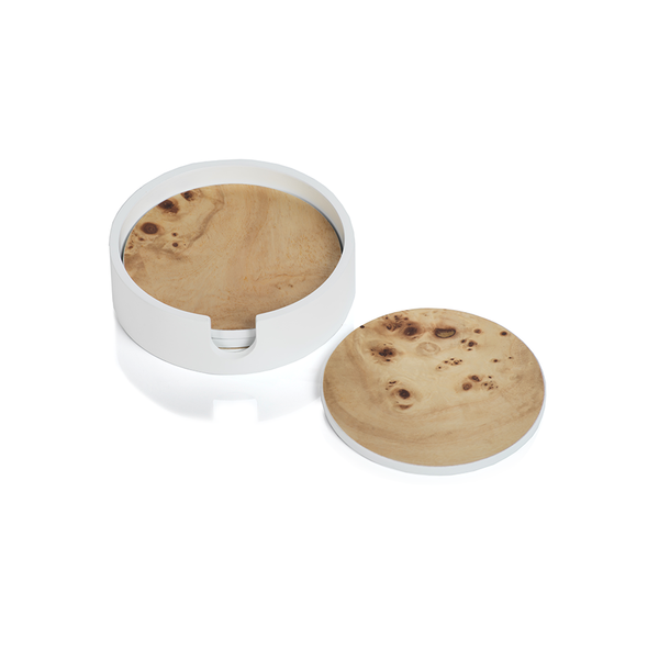 Round Burl Wood Coaster Set in White Tray by Panorama City