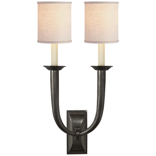French Deco Horn Double Sconce with Linen Shades by Studio VC