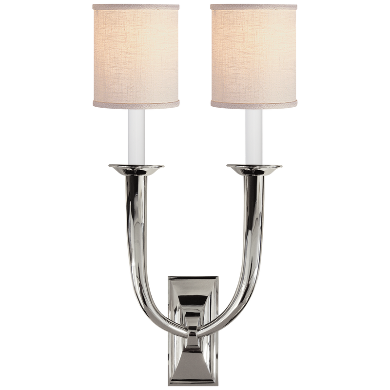 French Deco Horn Double Sconce with Linen Shades by Studio VC
