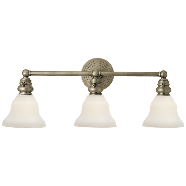 Boston Functional Triple Light in Antique Nickel with White Glass