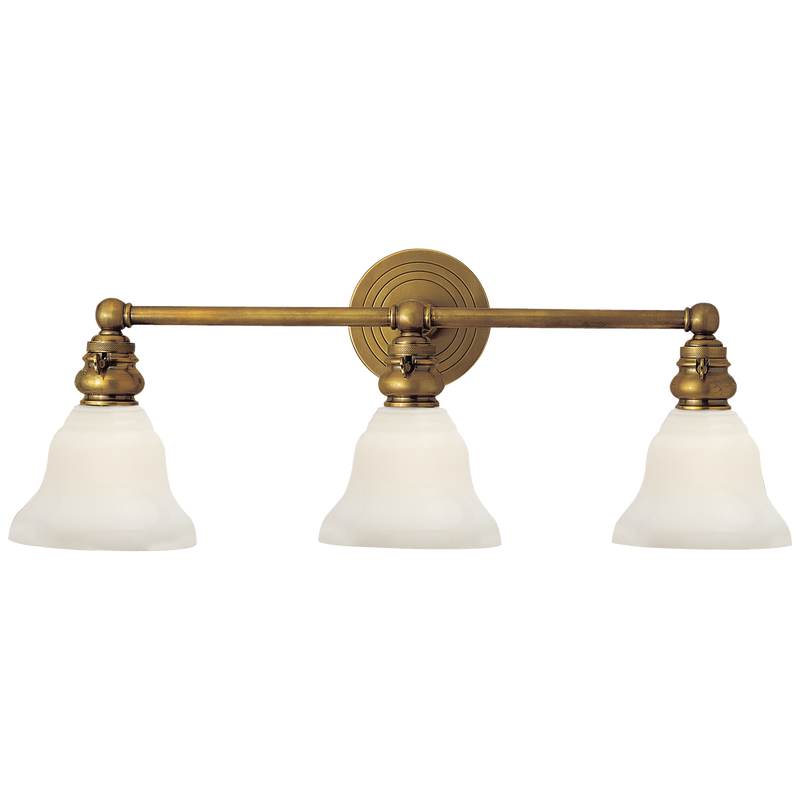 Boston Functional Triple Light in Hand-Rubbed Antique Brass with White Glass