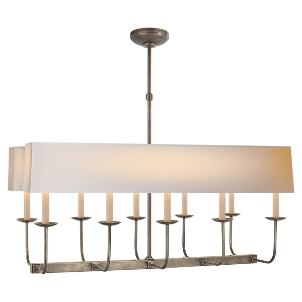 Linear Branched Chandelier in Antique Nickel with Natural Paper Rectangle Shade