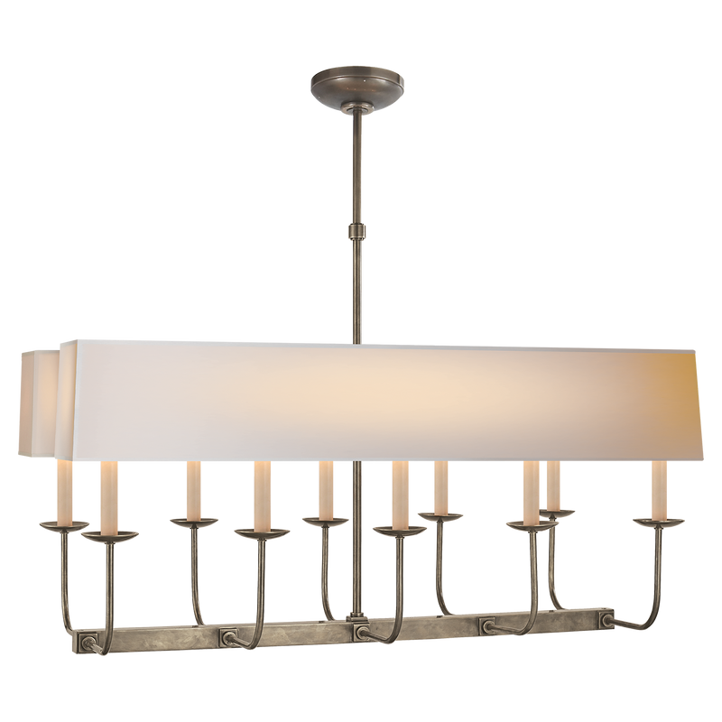Linear Branched Chandelier in Antique Nickel with Natural Paper Rectangle Shade