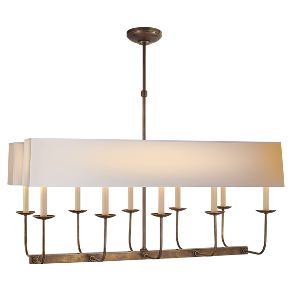 Linear Branched Chandelier in Hand-Rubbed Antique Brass with Natural Paper Rectangle Shade