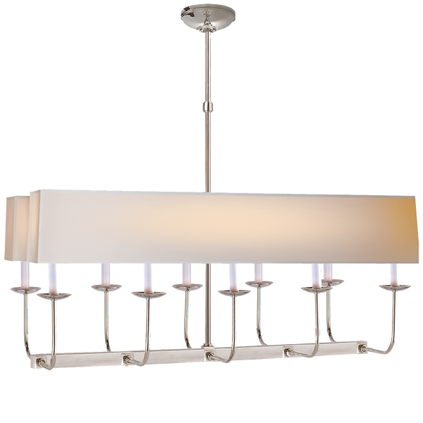 Linear Branched Chandelier in Polished Nickel with Natural Paper Rectangle Shade