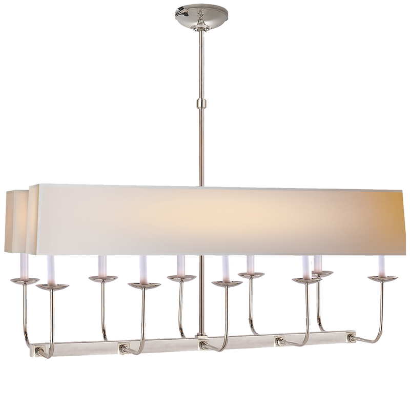 Linear Branched Chandelier in Polished Nickel with Natural Paper Rectangle Shade