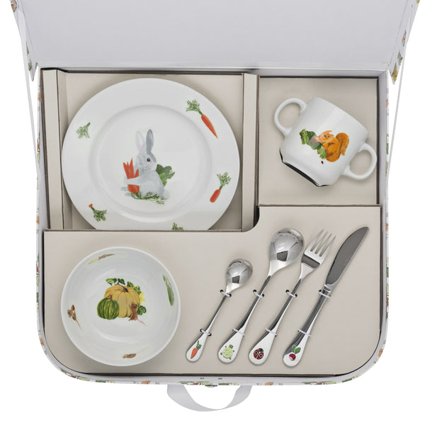 Suitcase Set Fruit Bowl, Round Dessert Plate, Mug, and 4 Cutlery Pieces