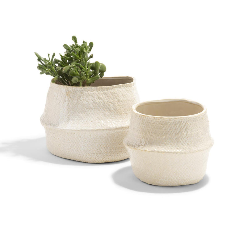 White Stoneware Pot with Weave Texture, Set of 2
