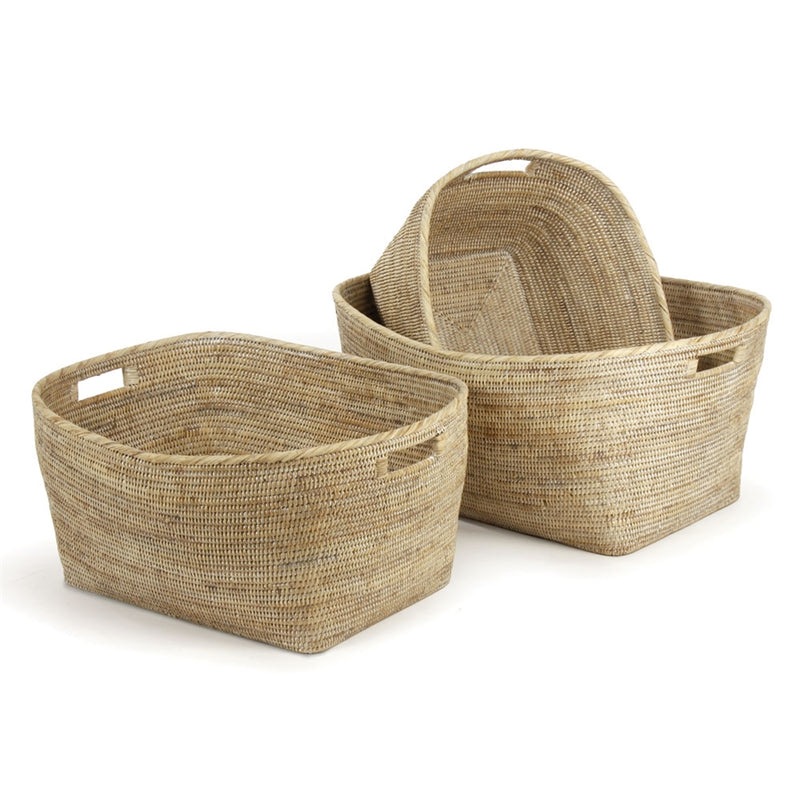 Burma Rattan Family Baskets with Handles in Whitewash, Set of 3